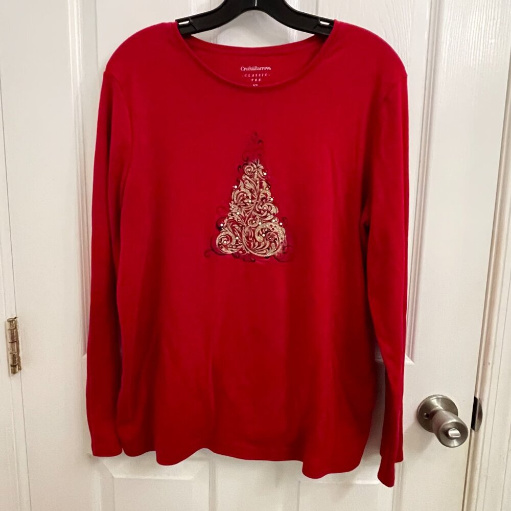 Croft Barrow Red Long Sleeve Christmas Tree T-Shirt Beaded Metallic size XL